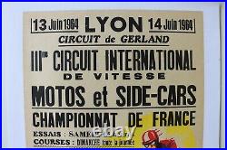 AFFICHE MOTO & SIDE-CAR LYON CIRCUIT GERLAND juin 1964 CHAMPIONNAT FRANCE BP